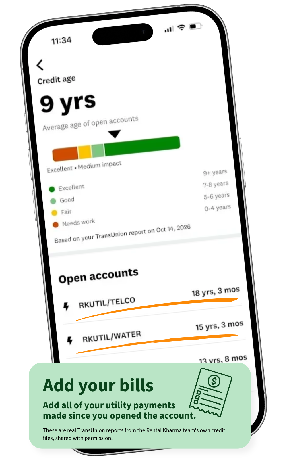 A phone showing a TransUnion credit report with RKUTIL/TELCO at 18 years, 3 months and RKUTIL/WATER at 15 years, 3 months, and a 9-year average credit age. Caption: Add your bills. Add all of your utility payments made since you opened the account.